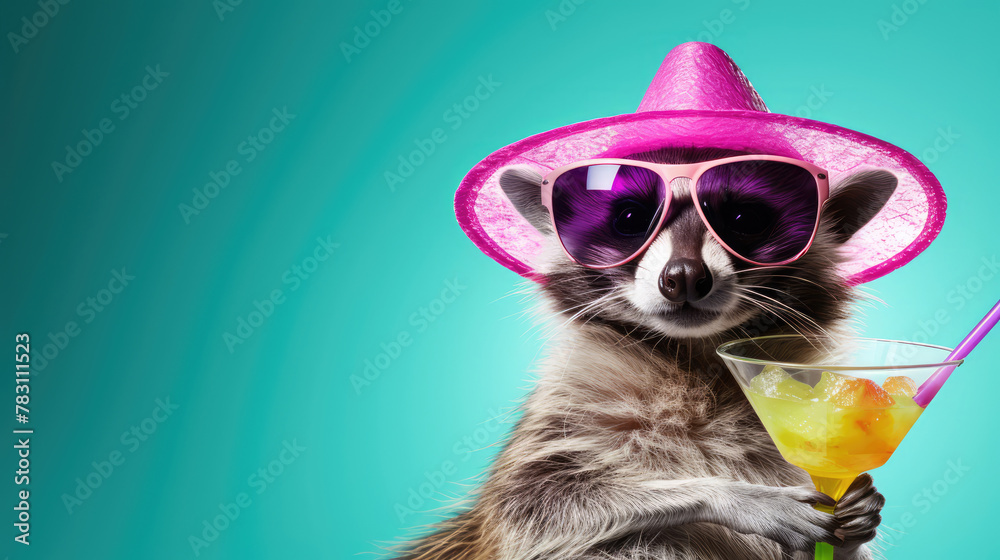 Funny party raccoon wearing colorful summer hat and stylish sunglasses holding cocktail glass with delicious drink, isolated over white background. Generative AI
