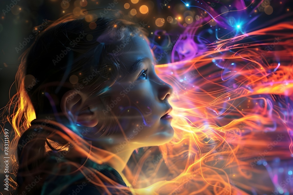 A girl is looking at a colorful, swirling light. The light is bright and colorful, and it seems to be moving around her A girl is looking at a colorful, swirling light. The light is bright and colorful, and it seems to be moving around her