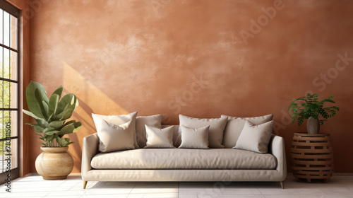 Terra cotta sofa against french window near beige stucco wall. Scandinavian style home interior design of modern living room. Generative AI