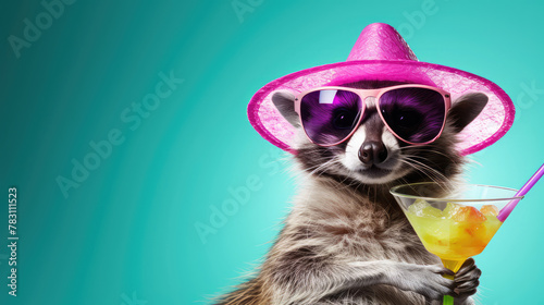 Funny party raccoon wearing colorful summer hat and stylish sunglasses holding cocktail glass with delicious drink, isolated over white background. Generative AI © Fang