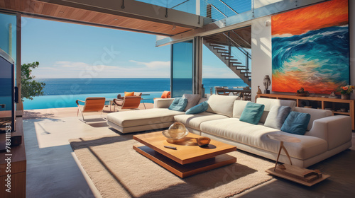 Interior design of modern living room in beach house on sea cost. Generative AI