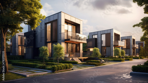 Modern modular private townhouses. Residential architecture exterior. Generative AI © Fang