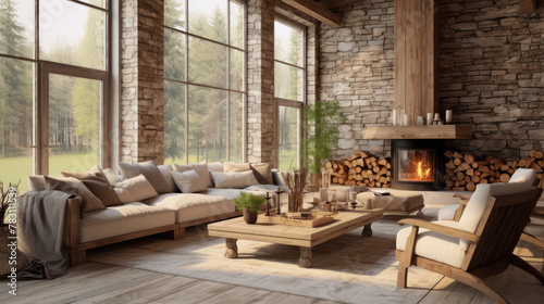 Interior design of modern living room with rustic furniture in farmhouse. Generative AI © Fang