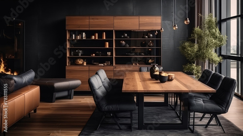 Black chairs and leather sofa at wooden dining table. Interior design of modern dining room. technology. Generative AI