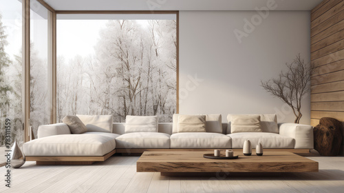 Minimalist style home interior design of modern living room. White corner sofa and rustic wooden coffee table against floor to ceiling window. Generative AI