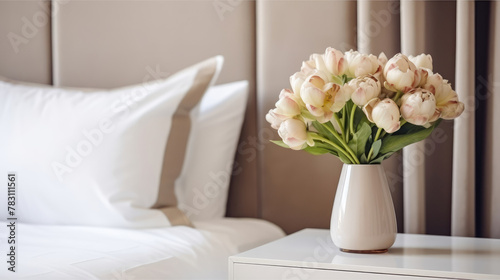 Flower vase on nightstand near beige bed. Art deco style interior design of modern bedroom. Generative AI