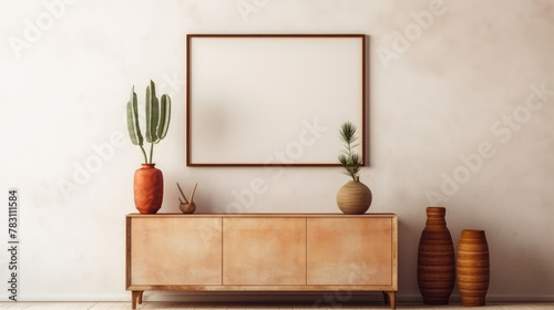 Rustic wooden dresser near stucco wall with blank mockup poster frame with copy space. Boho interior design of modern living room. Generative AI
