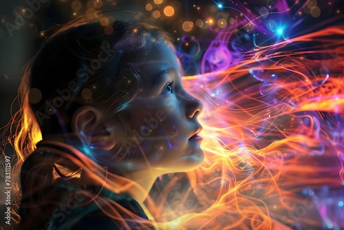 A girl is looking at a colorful, swirling light. The light is bright and colorful, and it seems to be moving around her