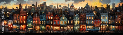 A city street captured in a painting where each building exists simultaneously in vivid