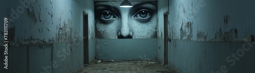 A pair of eyes glowing in the darkness of an abandoned asylum hallway The walls are peeling
