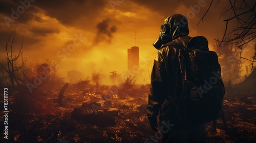 Explorer navigating a toxic wasteland wearing a gas mask and carrying a Geiger counter 3D render image with a silhouette lighting effect to emphasize the danger and uncertainty of the environment