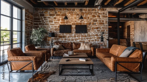 Industrial themed living room with brown leather couches and exposed brick wall in a modern loft