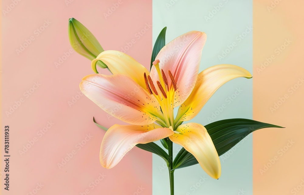 Naklejka premium Beautiful blooming lily flower minimalist fantasy background, A bouquet of lilies in a vase in daylight, fresh light pink yellow white color lily flower poster nature background,