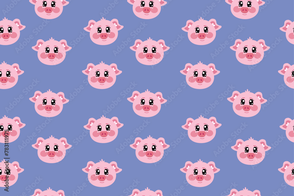 Seamless pattern with kawaii head of pig, piggy, cutie swine, piglet. Cute vector wallpaper for nursery, print or textile for kids on blue background Seamless pattern with kawaii head of pig, piggy, cutie swine, piglet. Cute vector wallpaper for nursery, print or textile for kids on blue background