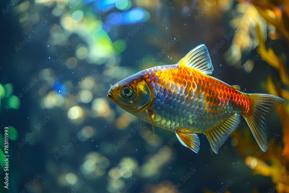 Fototapeta premium The fish is swimming with other fish. The fish is orange and has black spots on its head. Generative AI