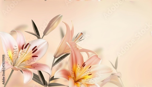 Beautiful blooming lily flower minimalist fantasy background  A bouquet of lilies in a vase in daylight  fresh light pink yellow white color lily flower poster nature background 