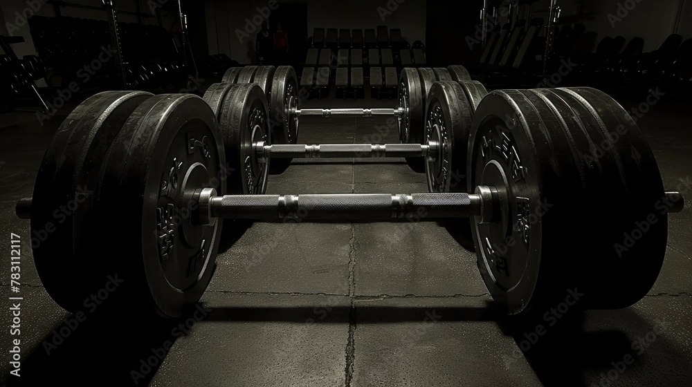 A pair of very large dumbbells are on the floor. The image is black and white