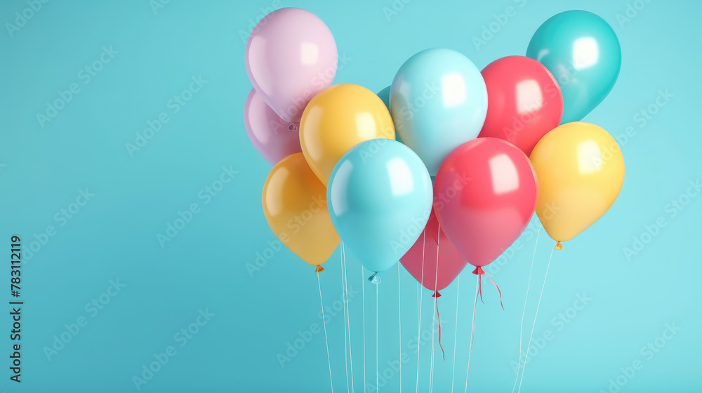 Group of colorful festive glossy balloons on blue background. Decor for birthday, anniversary, celebration or other events. Children party decorations. Generative AI