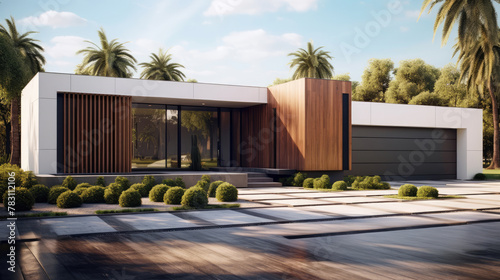 Modern ranch style minimalist cubic house with garage and landscaping design front yard. Residential architecture exterior with wooden cladding and white walls. Generative AI photo