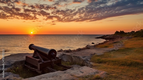 Coastal fort at sunset with antique cannon