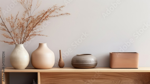 Close up of decorative clay vases on wooden coffee table against tv wall unit. Scandinavian style home interior design of modern living room. Generative AI