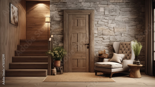 Rustic interior design of modern entrance hall with door in farmhouse. Generative AI