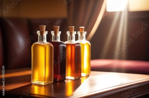 Amber colored glass bottles with cork stoppers bask in warm sunlight