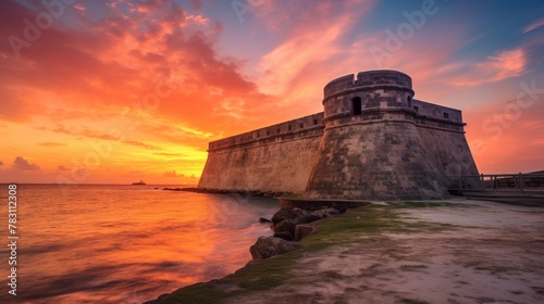 Coastal fort aglow in the brilliance of a vibrant sunset photo