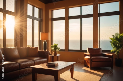 Warm sunlight bathes a cozy living room, highlighting a plush leather sofa that invites relaxation photo