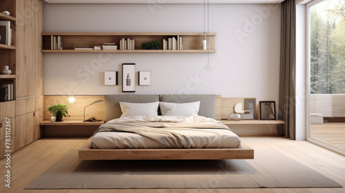 Cozy interior design of modern bedroom with wooden bed and shelves. Generative AI