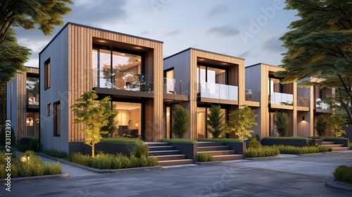 Modern modular private townhouses with wooden cladding. Residential architecture exterior. Generative AI © Fang