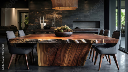 Natural wooden slab dining table and chairs near it. Interior design of modern living or dining room. Generative AI