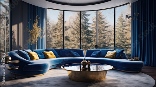 Minimalist home interior design of modern living room. Luxury blue curved sofa and golden coffee tables against bay window. Generative AI photo