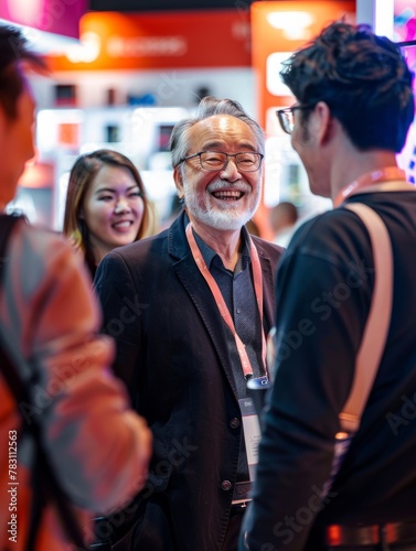 scene of friends in Asian business casual attire enjoying each other's company at an exhibition booth, their laughter echoing the bonds of friendship.