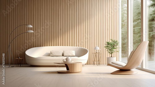 Minimalist style home interior design of modern living room. Beige curved sofa and barrel chair against floor to ceiling window in room with wood paneling wall. Generative AI