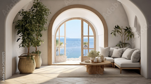 Mediterranean, coastal style interior design of modern entrance hall with arched door in farmhouse. Generative AI