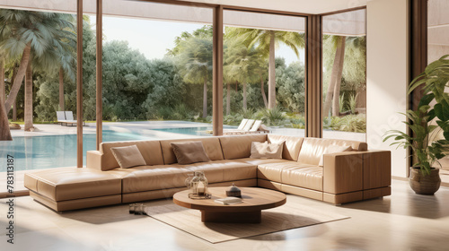 Beige leather corner sofa in room with big windows with view to patio and swimming pool. Interior design of modern living room in luxury villa. Generative AI © Fang
