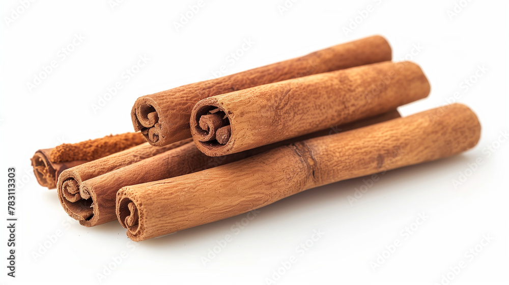 Cinnamon sticks and powder, isolated on white background. Fresh cinnamon sticks and powder. Two brown vegetarian cinnamon sticks lying on white background. Scented spices background: Cinnamon powder. Cinnamon sticks and powder, isolated on white background. Fresh cinnamon sticks and powder. Two brown vegetarian cinnamon sticks lying on white background. Scented spices background: Cinnamon powder.