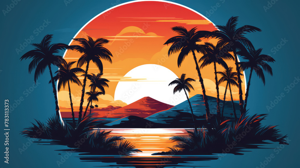 Tropical beach landscape with sea, sunset and palm trees. Abstract landscape. Tropical paradise island logo. Summer vacation concept circle icon. Generative AI