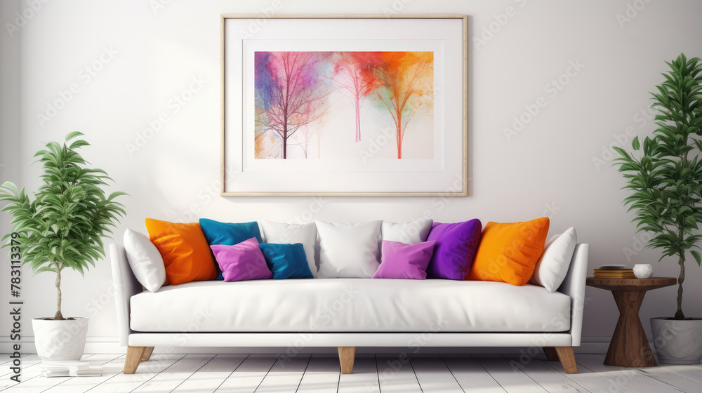 White sofa with colorful cushions against of white wall with art poster. Scandinavian style interior design of modern living room. Generative AI
