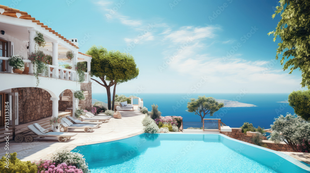 Traditional mediterranean white house with pool on hill with stunning sea view. Summer vacation background. Generative AI