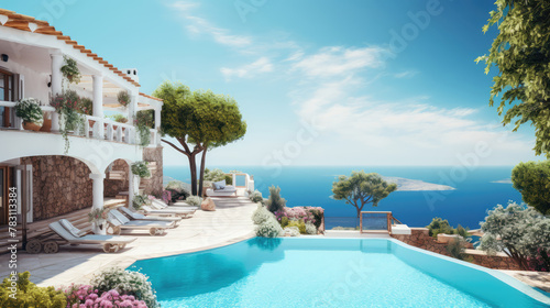 Traditional mediterranean white house with pool on hill with stunning sea view. Summer vacation background. Generative AI