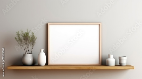 Empty mock up black poster frame on wooden shelf. Interior design of modern living room with white wall and home decor pieces. Generative AI