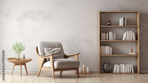 Wooden bookshelf and armchair. Scandinavian interior design of modern living room. Generative AI