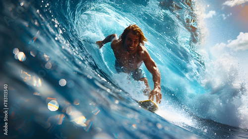 Thrilling Surfer Riding Massive Wave with on a Sunny Beach Day photo
