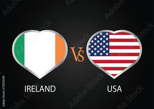 Ireland Vs USA, Cricket Match concept with creative illustration of participant countries flag Batsman and Hearts isolated on black background
