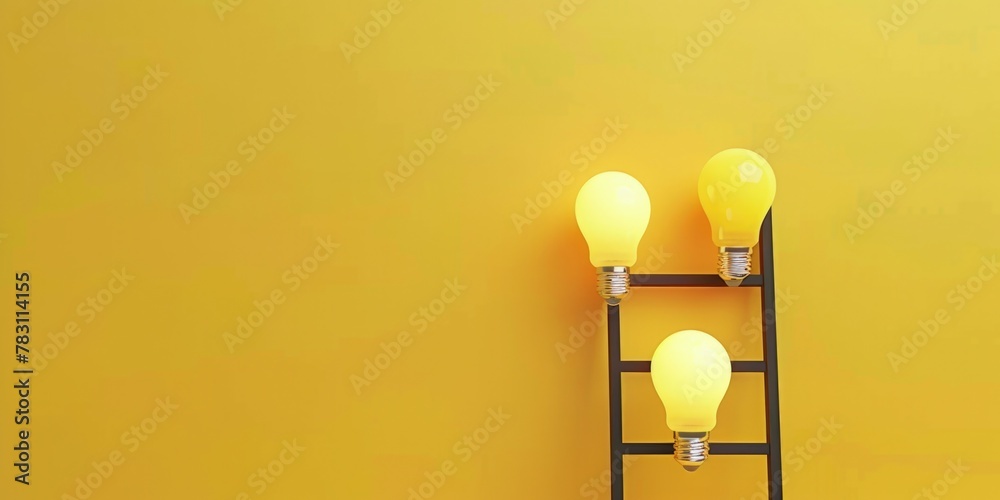 Light bulbs with ladder, concept of idea, creativity and success, yellow background. - obrazy, fototapety, plakaty 
