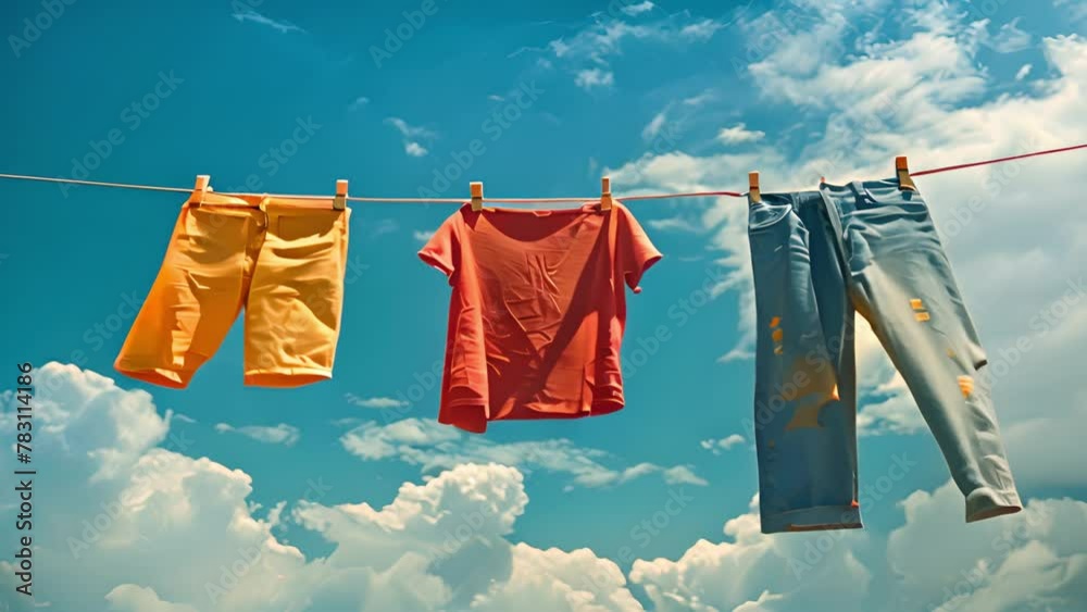 Colorful clothes hanging to dry on a laundry line clouds moving in the wind and sun shining in the blue sky. clothes drying in the wind. 4k video