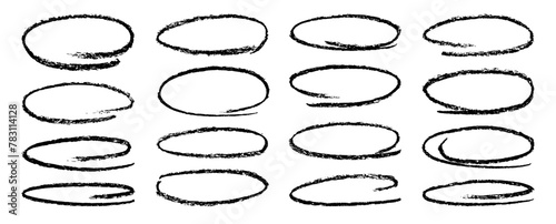 Collection black charcoal round lines and ovals ovals. Set of underlines round shapes isolated on white background. Objects to highlight notes. Round chalk shapes