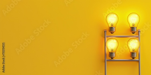Light bulbs with ladder, concept of idea, creativity and success, yellow background. photo